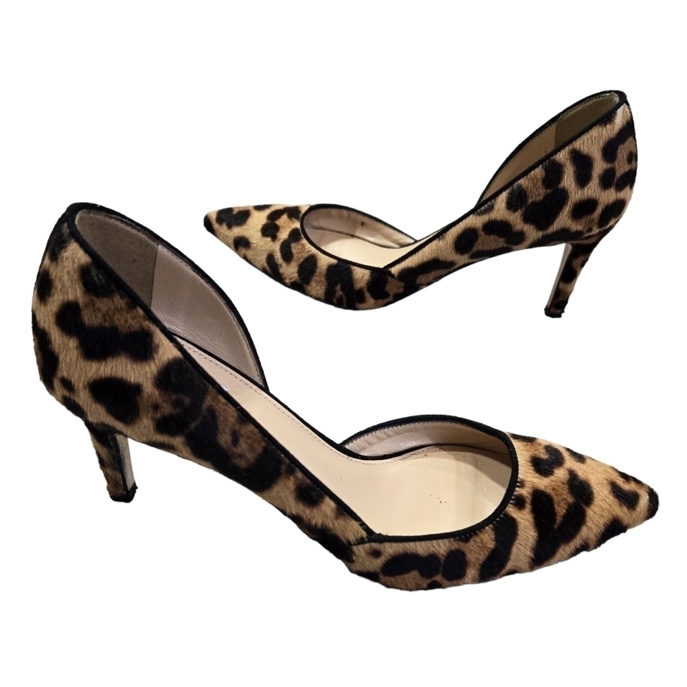 J. Crew Collection Calf Hair Leather Leopard Print Half D'Orsay Kitten Heels